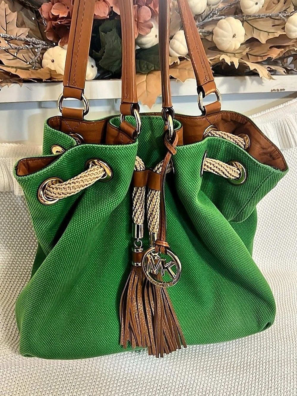 Michael Kors Marina Large Canvas Drawstring Tote Green & Brown